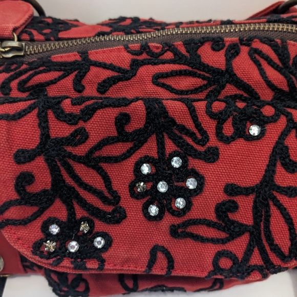 Lola Handbag Canvas Floral Embroidered Red Black Purse Whimsygoth - Picture 5 of 13
